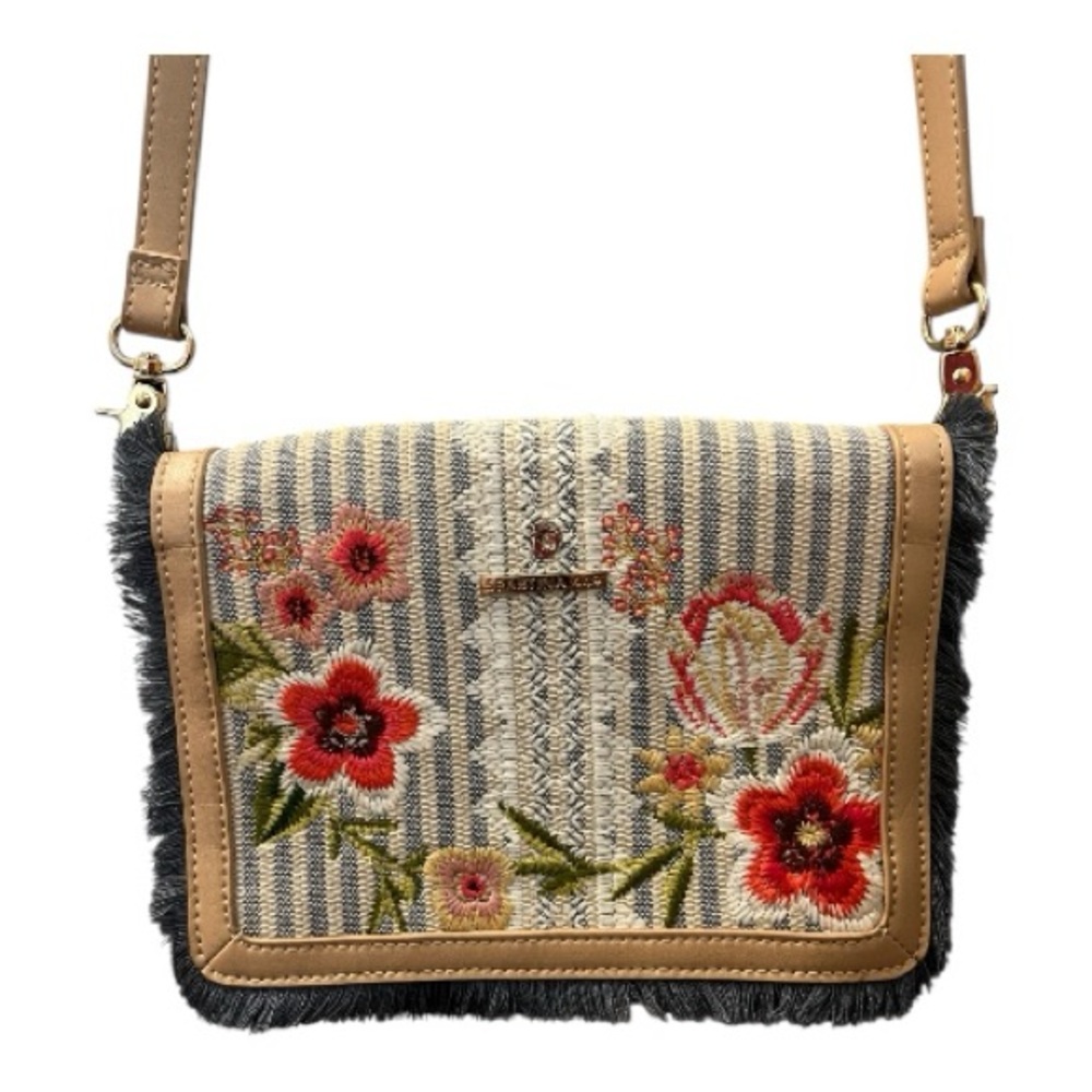 Spartina Floral Embroidered Tan and Cream Shoulder Bag NWOT Fleur de Vigne